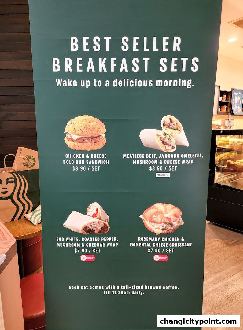 Starbucks breakfast sets featuring sandwiches, wraps, and croissants with coffee.
