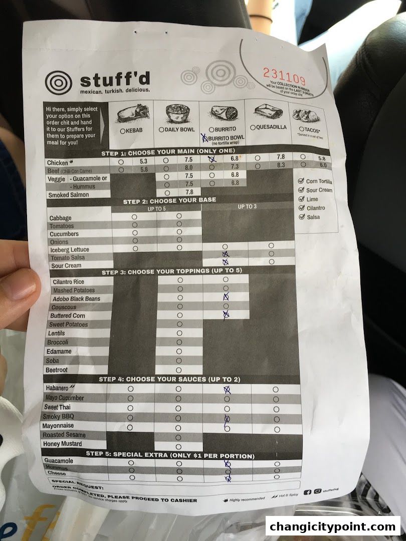 A customer's order form for Stuff'd, a Mexican-Turkish restaurant, with selections made.