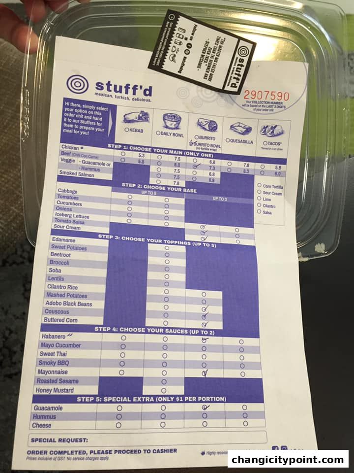 A menu from Stuff'd, a Mexican, Turkish, and delicious food establishment.