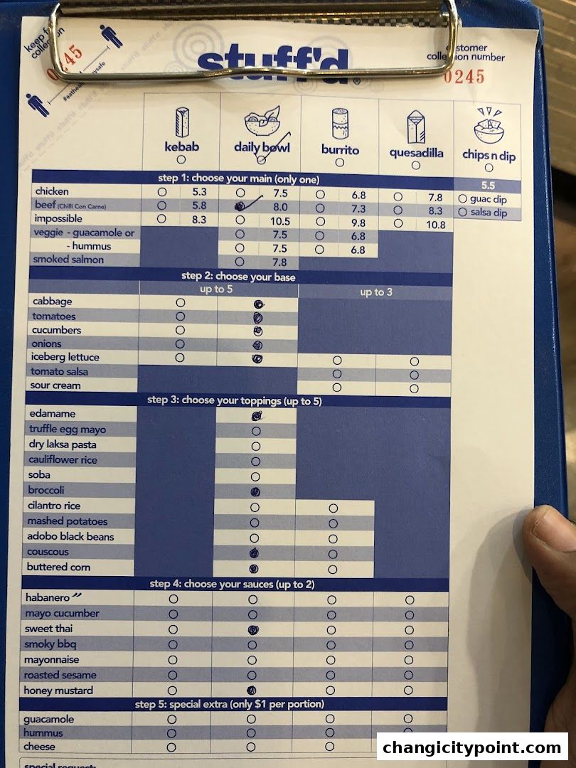 A menu from Stuff'd offering customizable kebabs, bowls, burritos, quesadillas, and chips n dip.