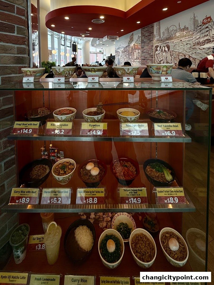 Display of realistic food models for Japanese dishes like Gyudon and Yakitori.