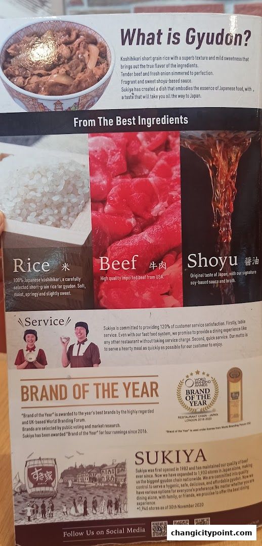 A Sukiya brochure explaining Gyudon, its ingredients, service, and brand awards.