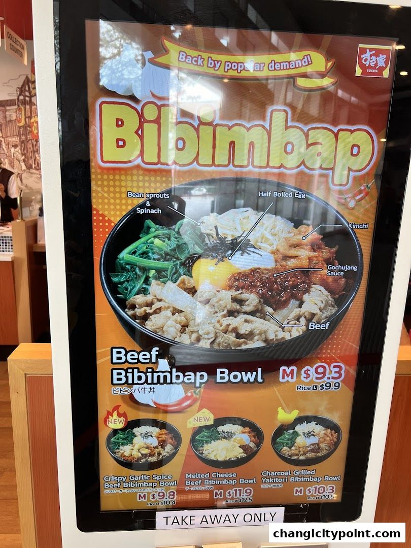 A digital menu board showcasing Sukiya's Bibimbap bowls with prices and descriptions.