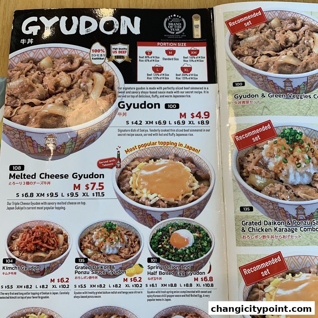 A menu page showcasing various Gyudon dishes with prices and descriptions.