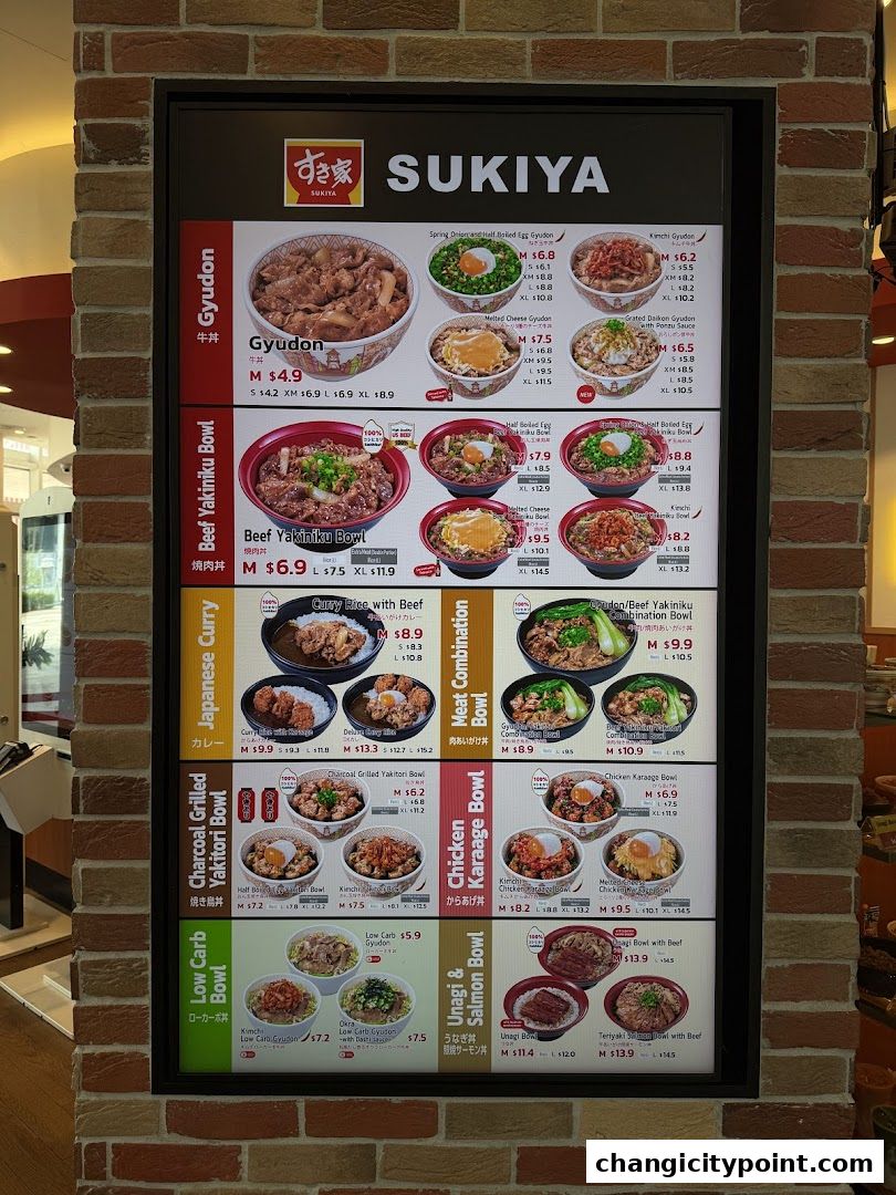 A digital menu board displaying various Japanese rice bowls and curry dishes from Sukiya.