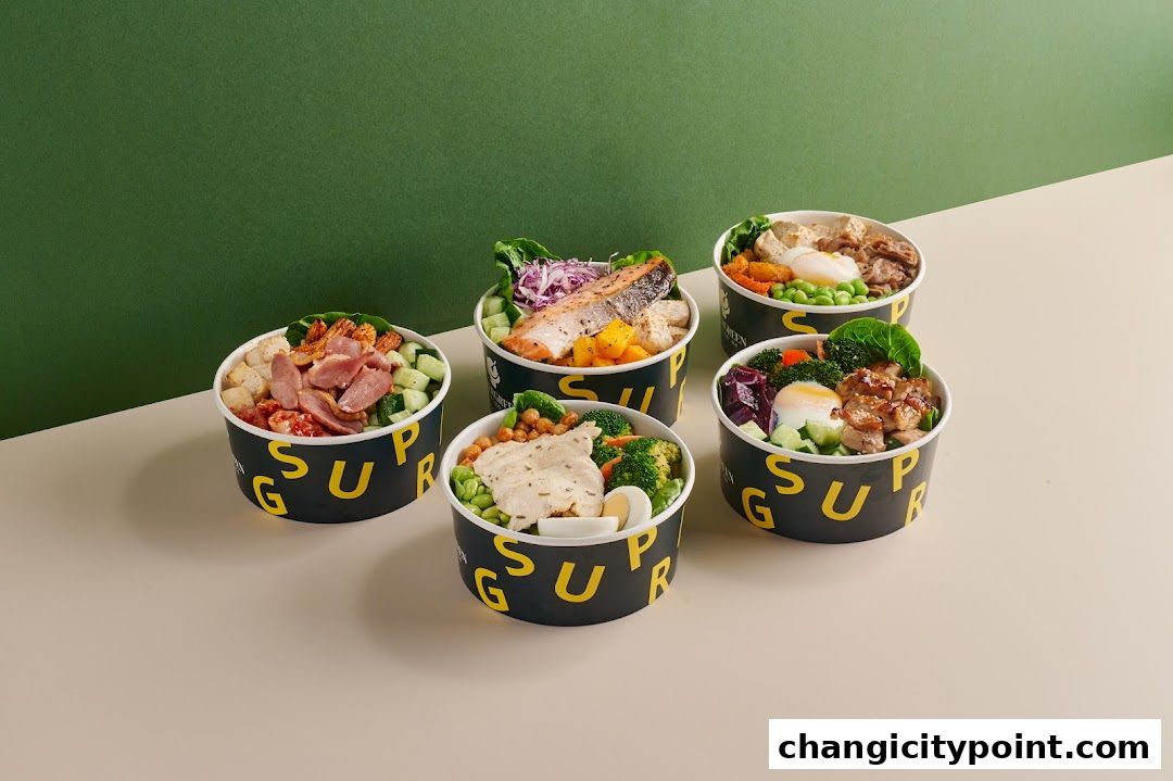 Five colorful and healthy salad bowls from Supergreen Changi City Point.