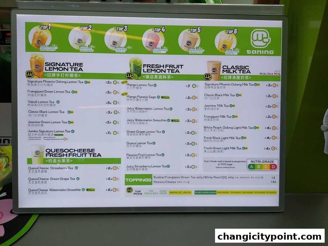 A menu board displaying various lemon teas, milk teas, and fruit teas with prices.