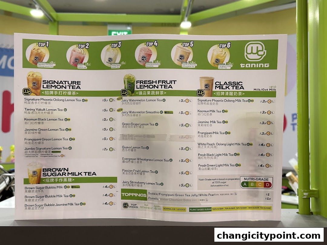 A menu for Taning featuring signature lemon teas, fresh fruit lemon teas, classic milk teas, and brown sugar milk teas.