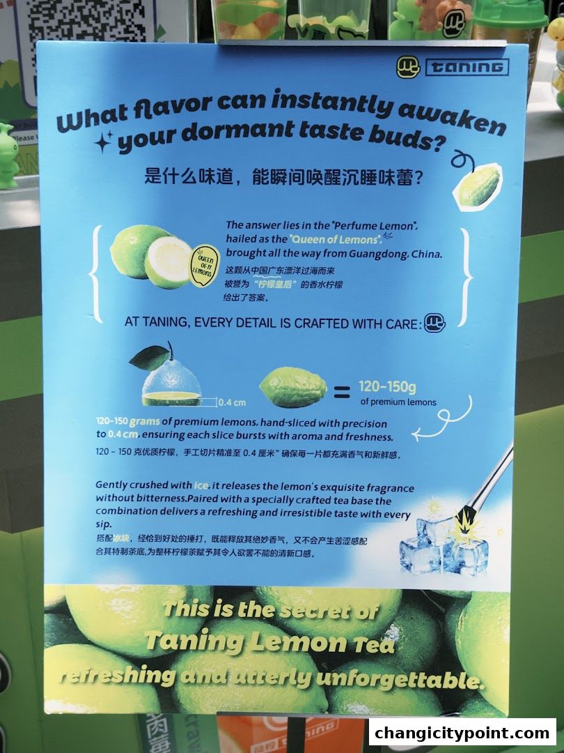 A sign for Taning Lemon Tea, highlighting its ingredients and refreshing taste.