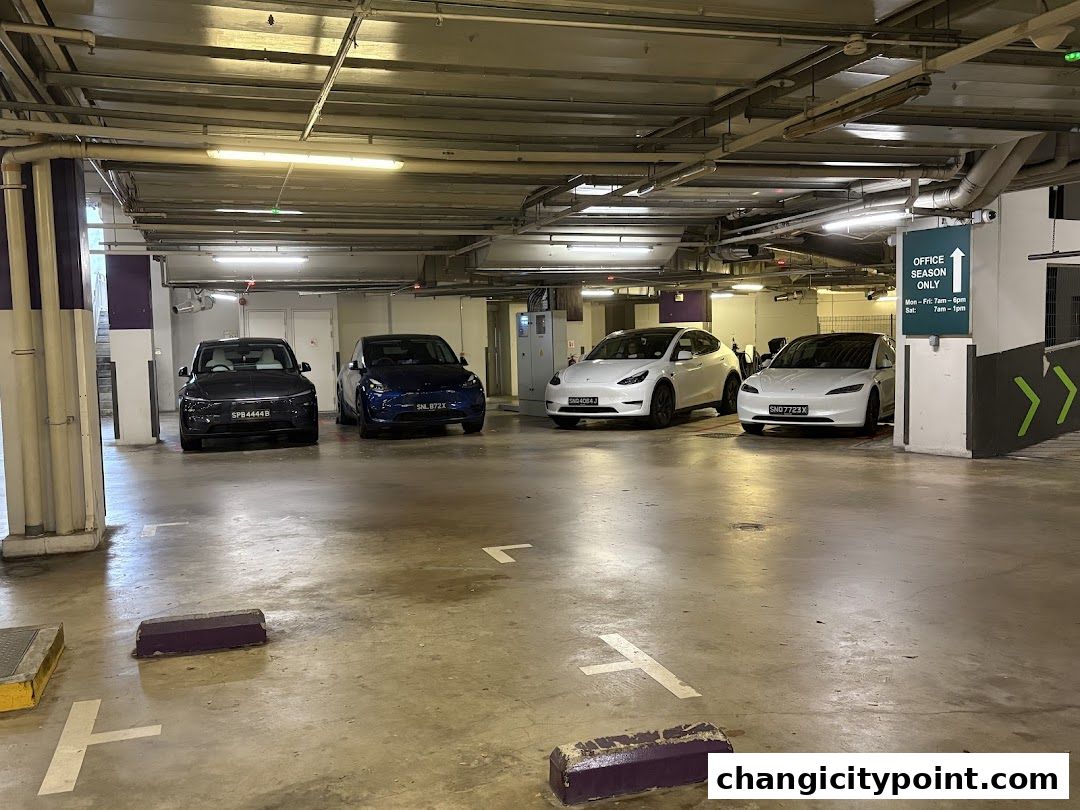 Several Tesla electric vehicles are parked in a well-lit indoor parking garage.