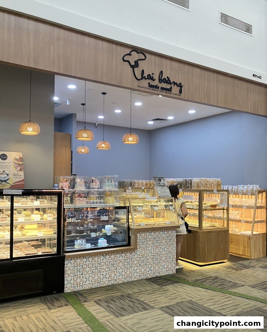 Thai Baang Bakery Changi City Point shop front with display cases full of cakes and bread.