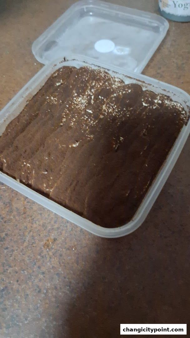 A rectangular container filled with a dessert dusted with cocoa powder.