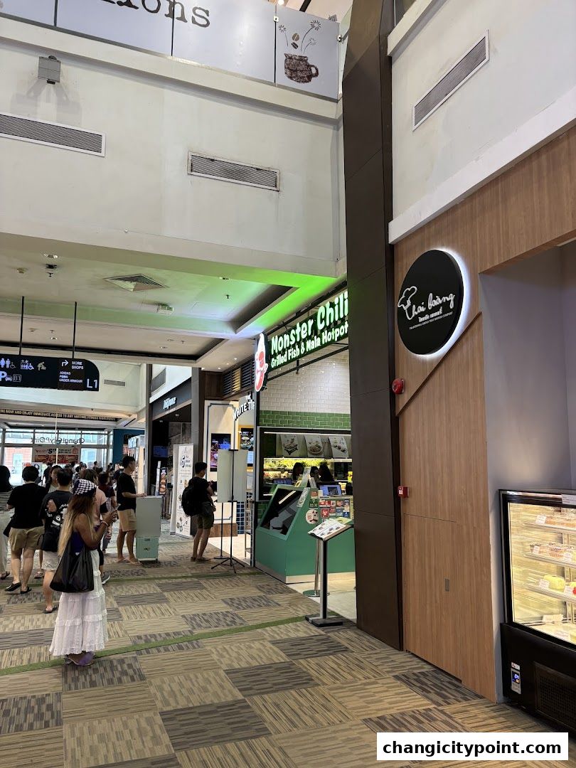 Exterior view of Thai Baang Bakery and Monster Chili hotpot restaurant in a mall.