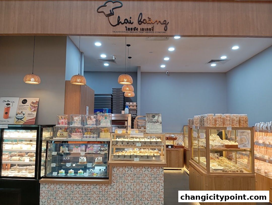 Interior view of Thai Baang Bakery showcasing cakes, breads, and pastries in display cases.