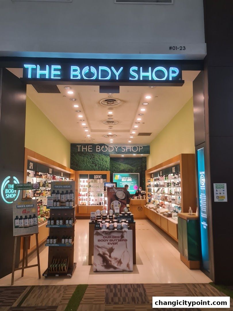 The Body Shop storefront displaying skincare, haircare, and body butter products.