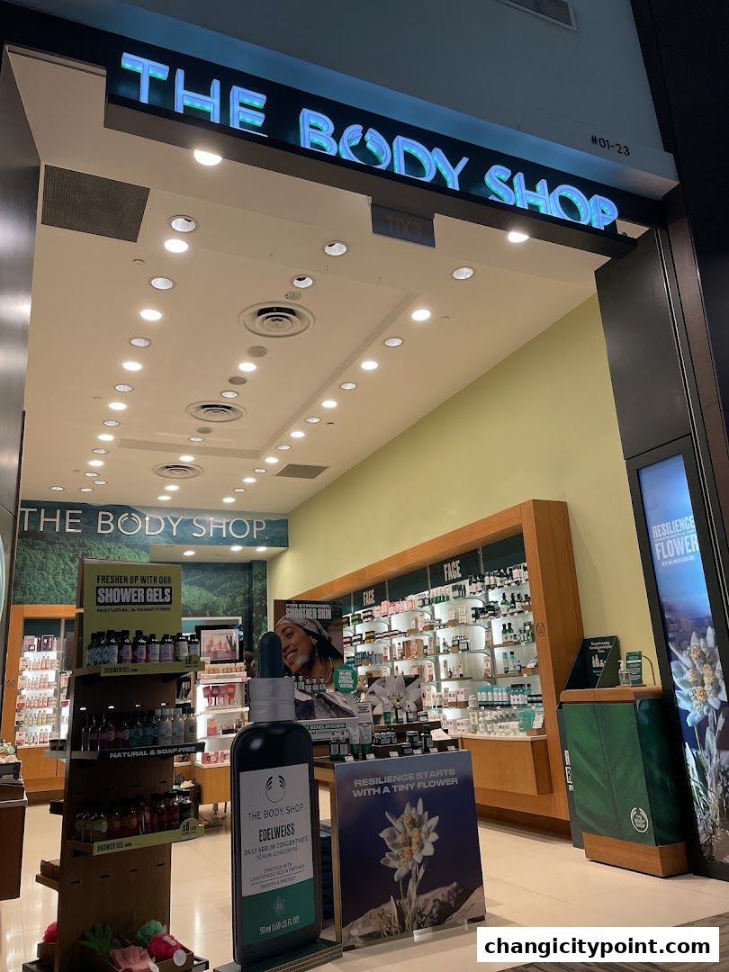 The Body Shop storefront with products displayed inside and outside.