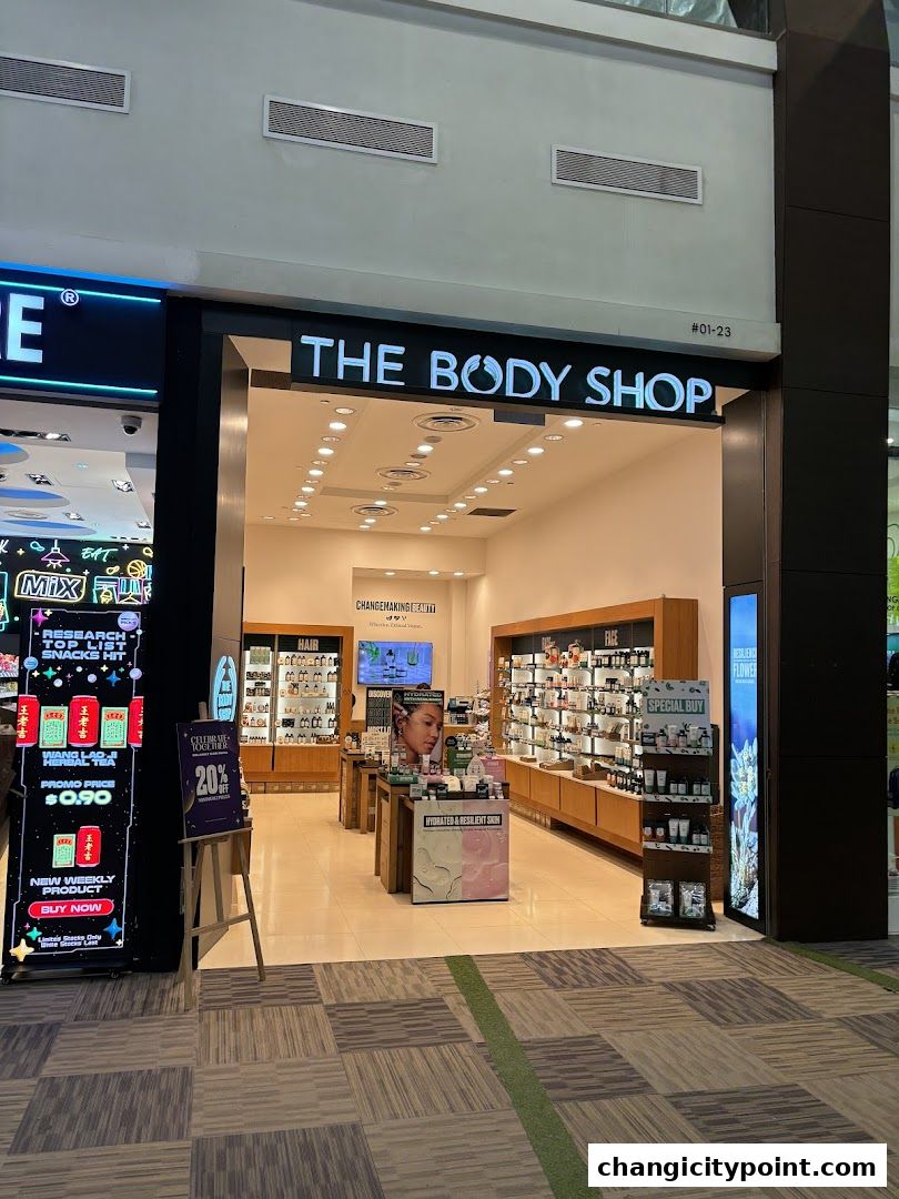 The Body Shop storefront with products displayed inside and a promotional sign outside.