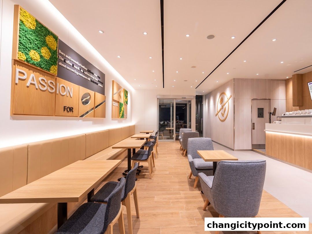 Interior of a modern coffee shop with seating, counter, and decorative wall art.