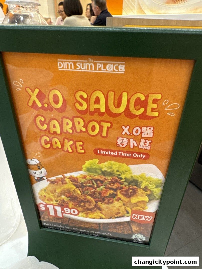 A sign advertising X.O. Sauce Carrot Cake from The Dim Sum Place.