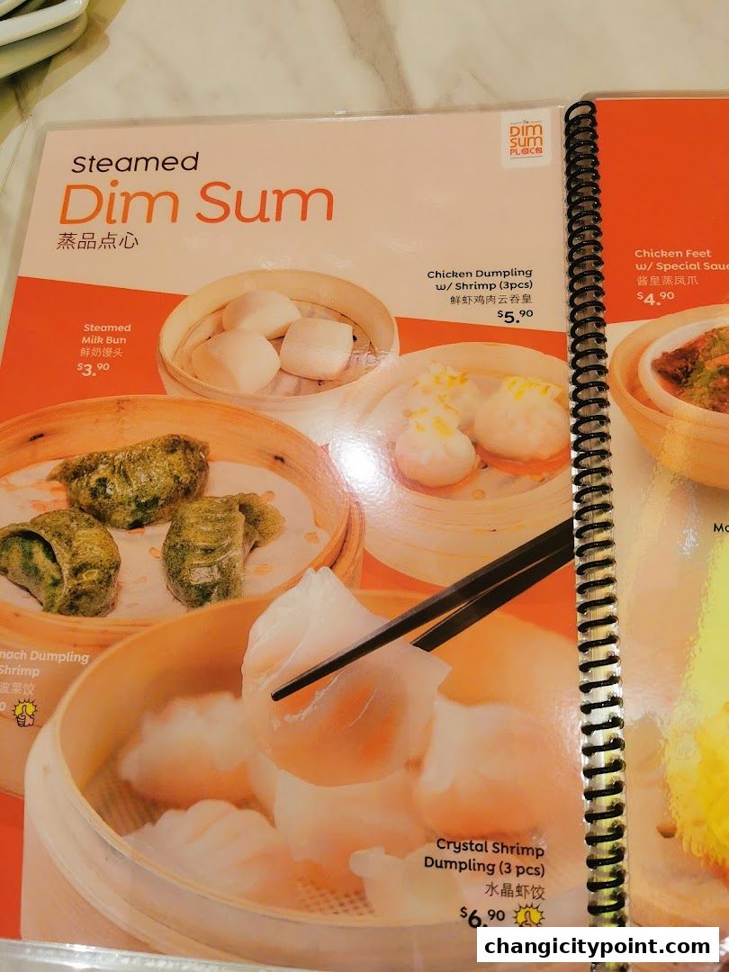 A menu page showcasing various steamed dim sum dishes with appetizing images and prices.