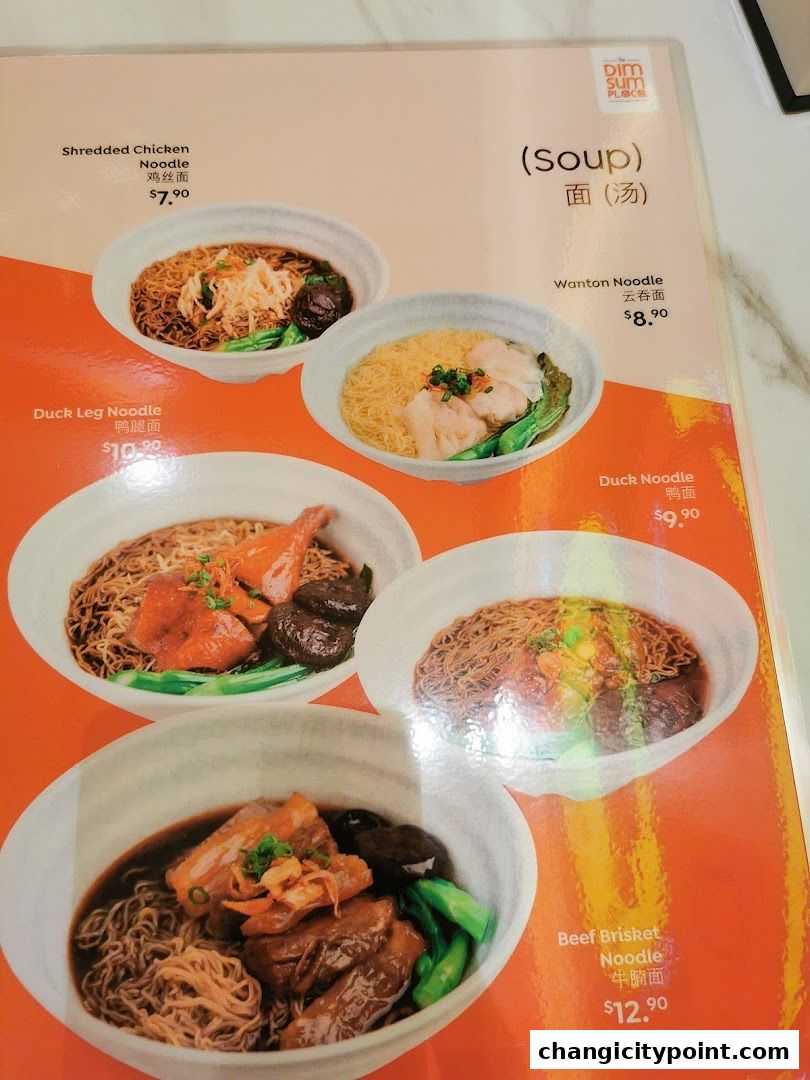 A menu page from The Dim Sum Place featuring various noodle dishes with prices.