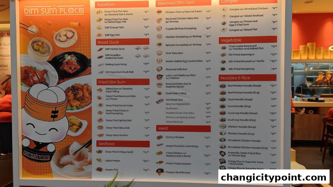 A menu for The Dim Sum Place featuring various dim sum, roast duck, seafood, and noodle dishes.