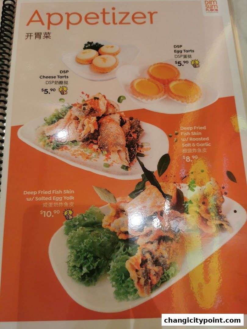 A menu page from The Dim Sum Place featuring appetizers like cheese tarts and fish skin.