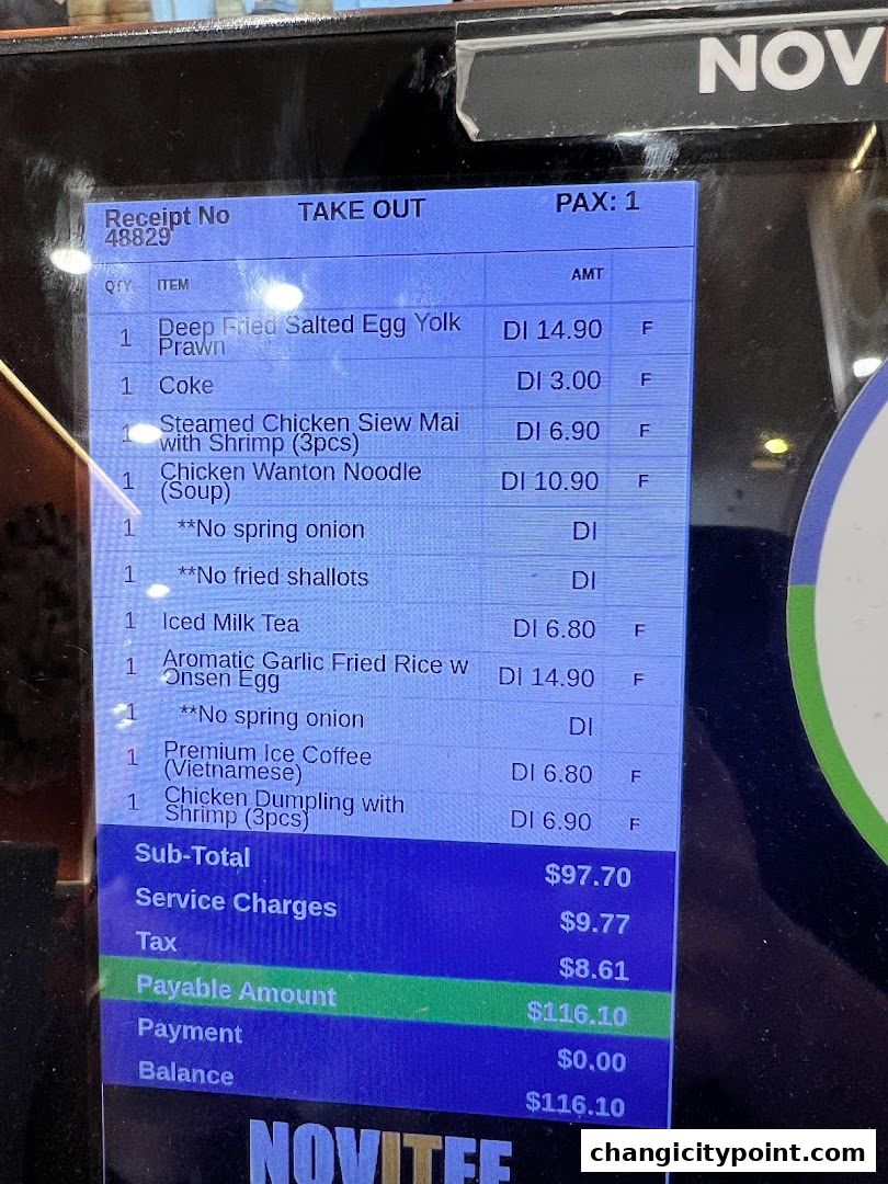 A receipt showing a take-out order with various dim sum items and drinks.