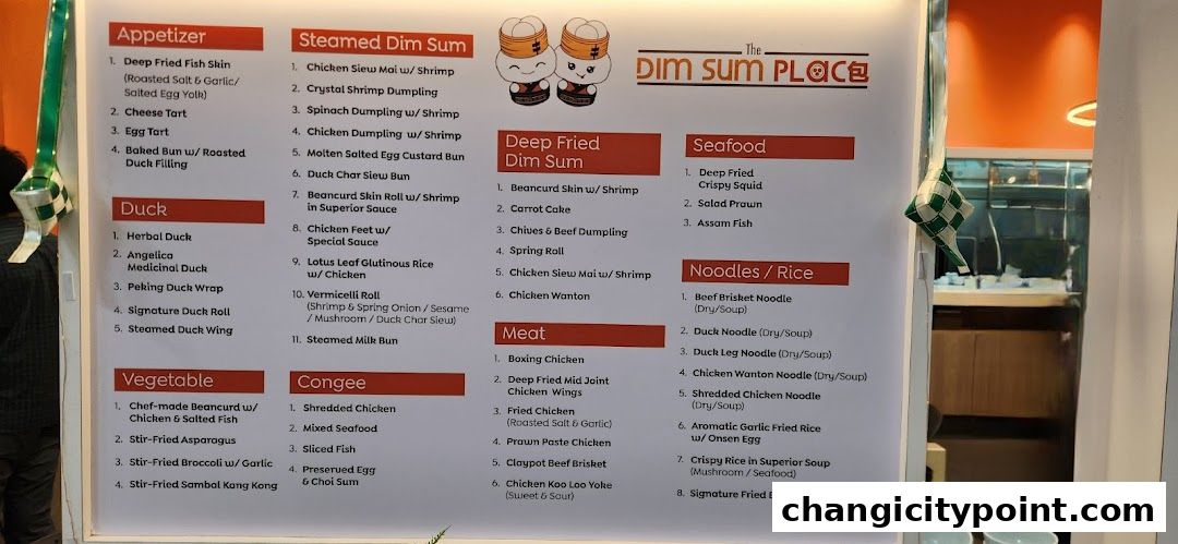 A menu board for The Dim Sum Place, featuring various dim sum, meat, seafood, and noodle dishes.