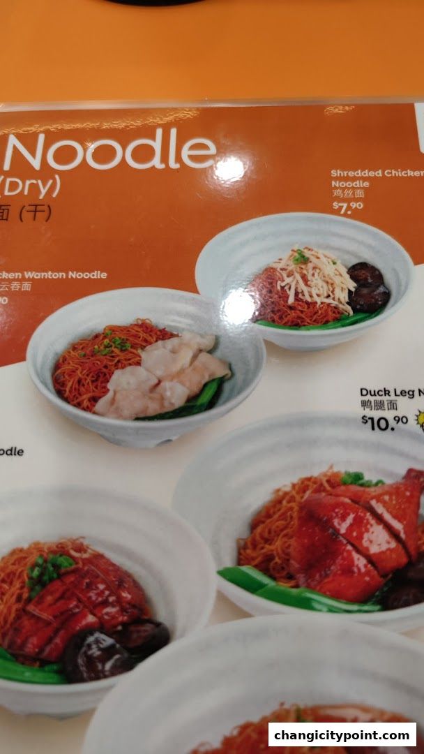 A menu display featuring various noodle dishes with appetizing images and prices.