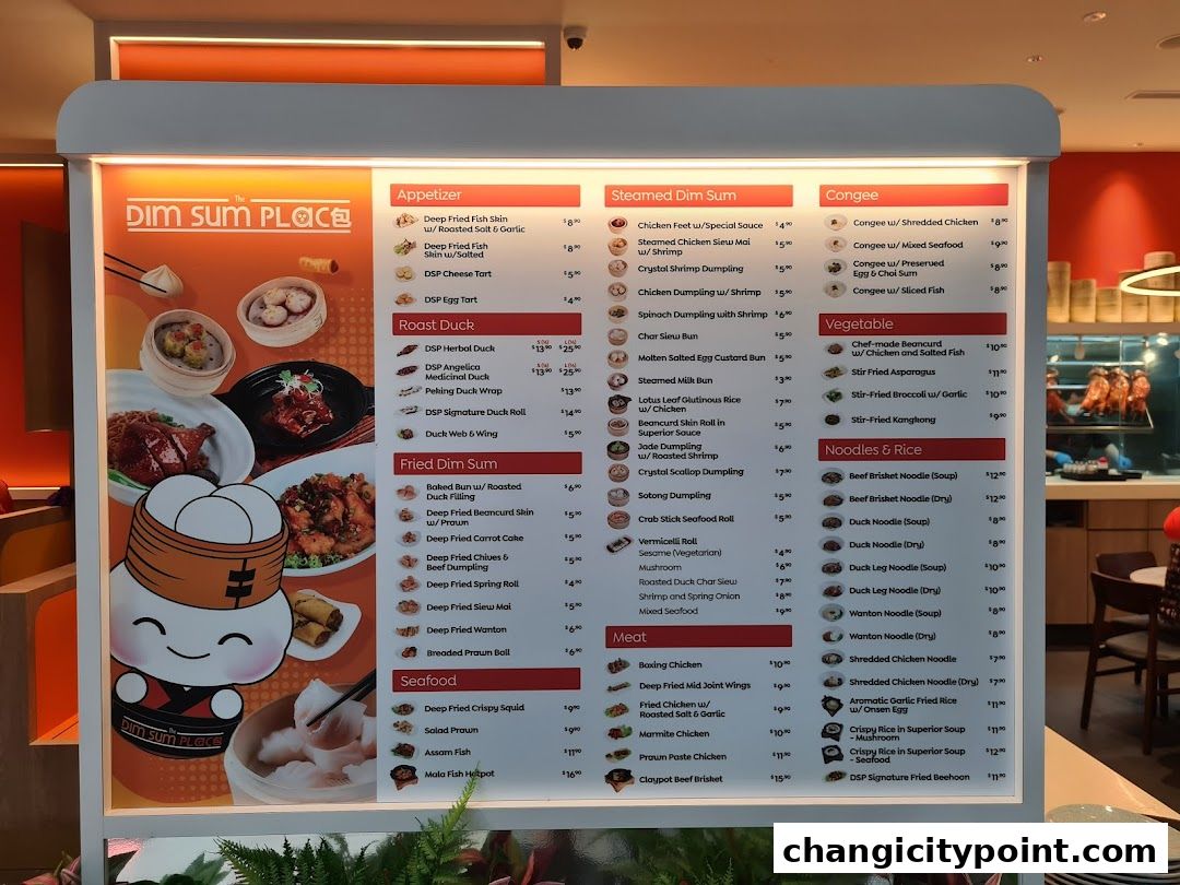 A brightly lit menu board for 'The Dim Sum Place' featuring various dim sum, roast duck, and seafood dishes.