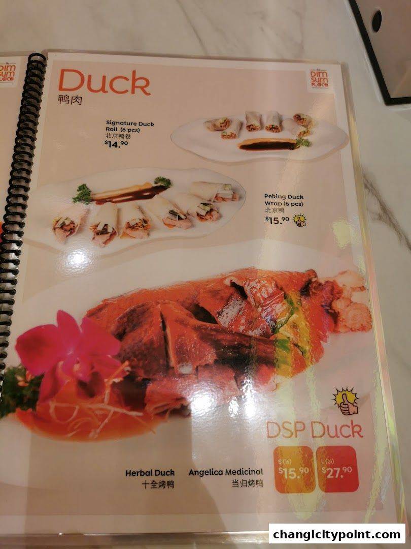 A menu page from The Dim Sum Place featuring various duck dishes with prices.