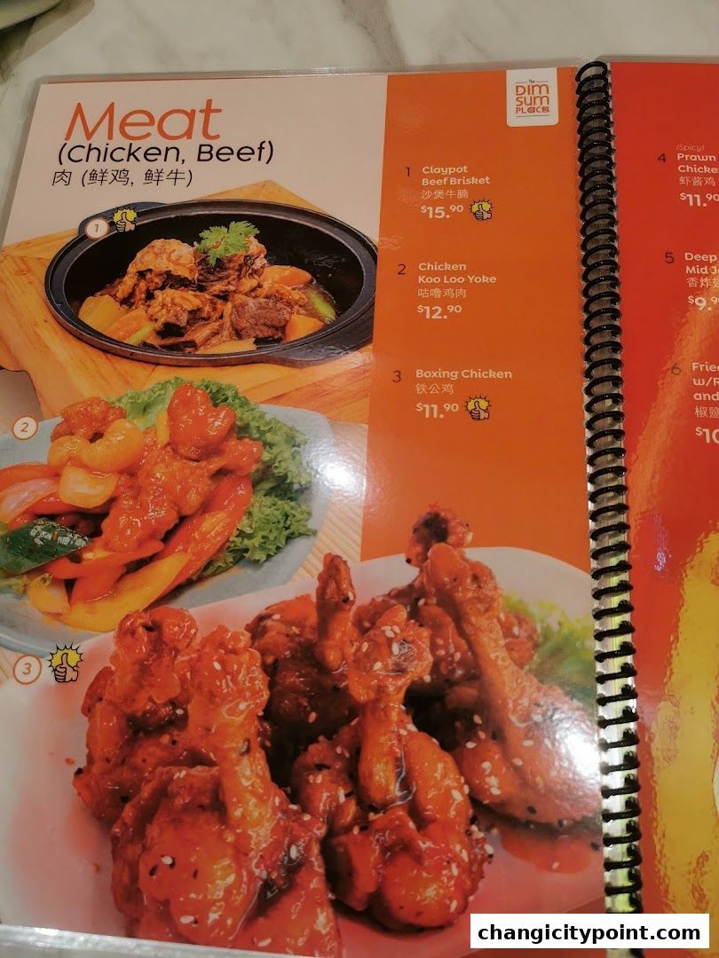 A menu page from The Dim Sum Place featuring meat dishes like claypot beef brisket and chicken.