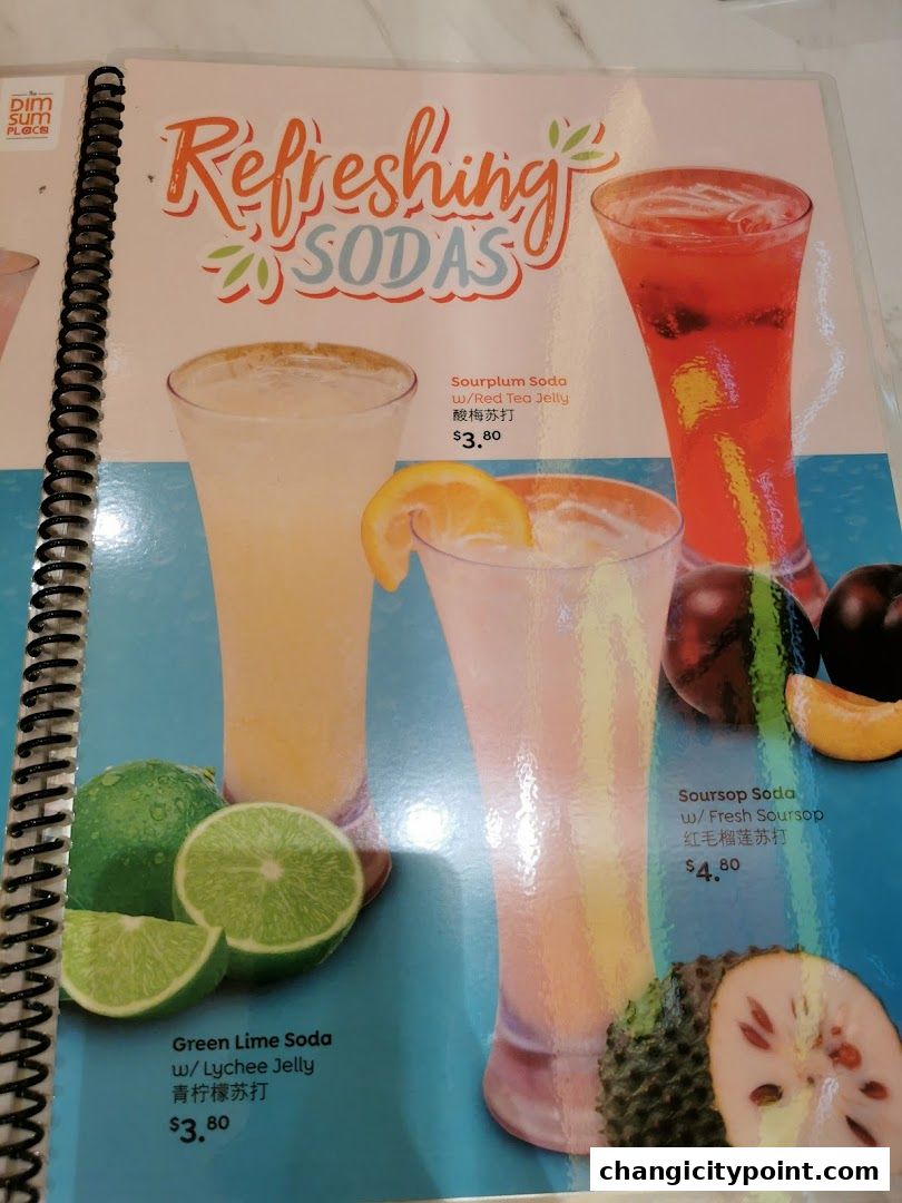 A menu page showcasing three refreshing soda drinks with their ingredients and prices.