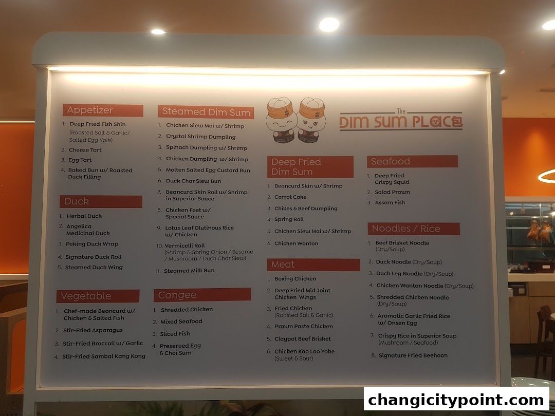 A menu board for The Dim Sum Place featuring various dim sum, duck, seafood, and noodle dishes.