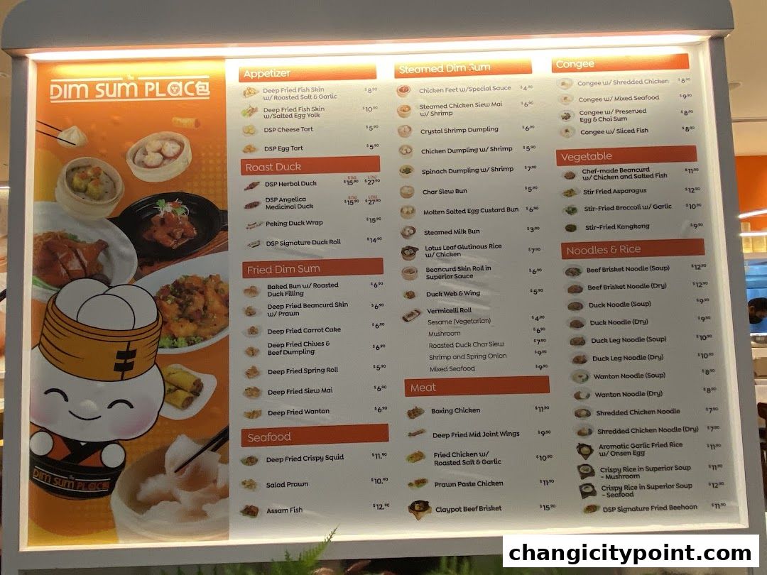 A menu board for The Dim Sum Place, featuring appetizers, dim sum, congee, and more.