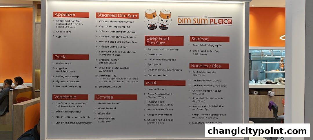 A menu board for The Dim Sum Place, featuring various categories of Chinese dishes.
