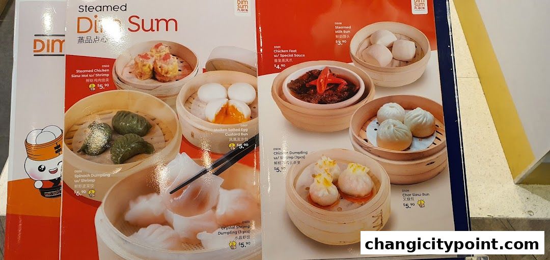 A menu showcasing various steamed dim sum dishes with prices and descriptions.