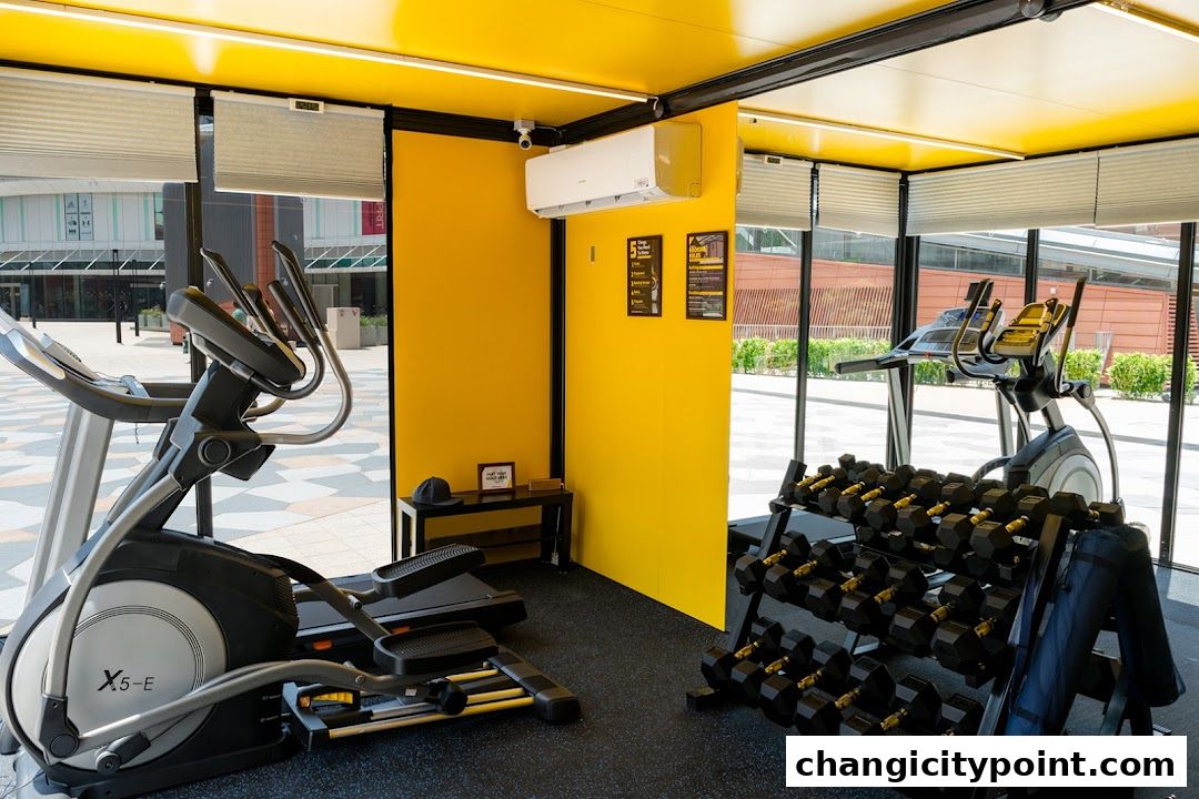 Interior of a bright yellow gym pod with cardio machines and free weights.