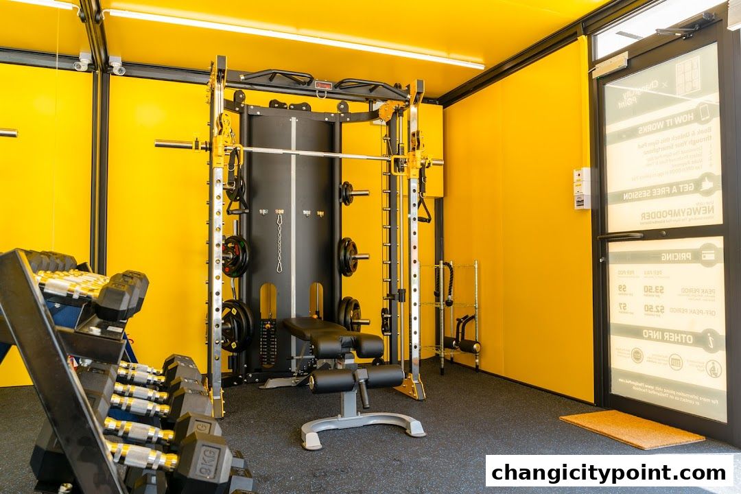 Interior of a modern gym with yellow walls, weight racks, and a Smith machine.