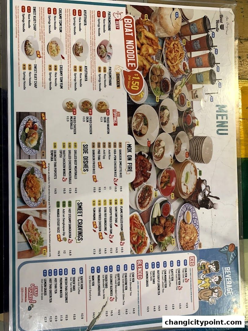 A menu for The Original Boat Noodle featuring various noodle dishes, side dishes, sweet cravings, and beverages.