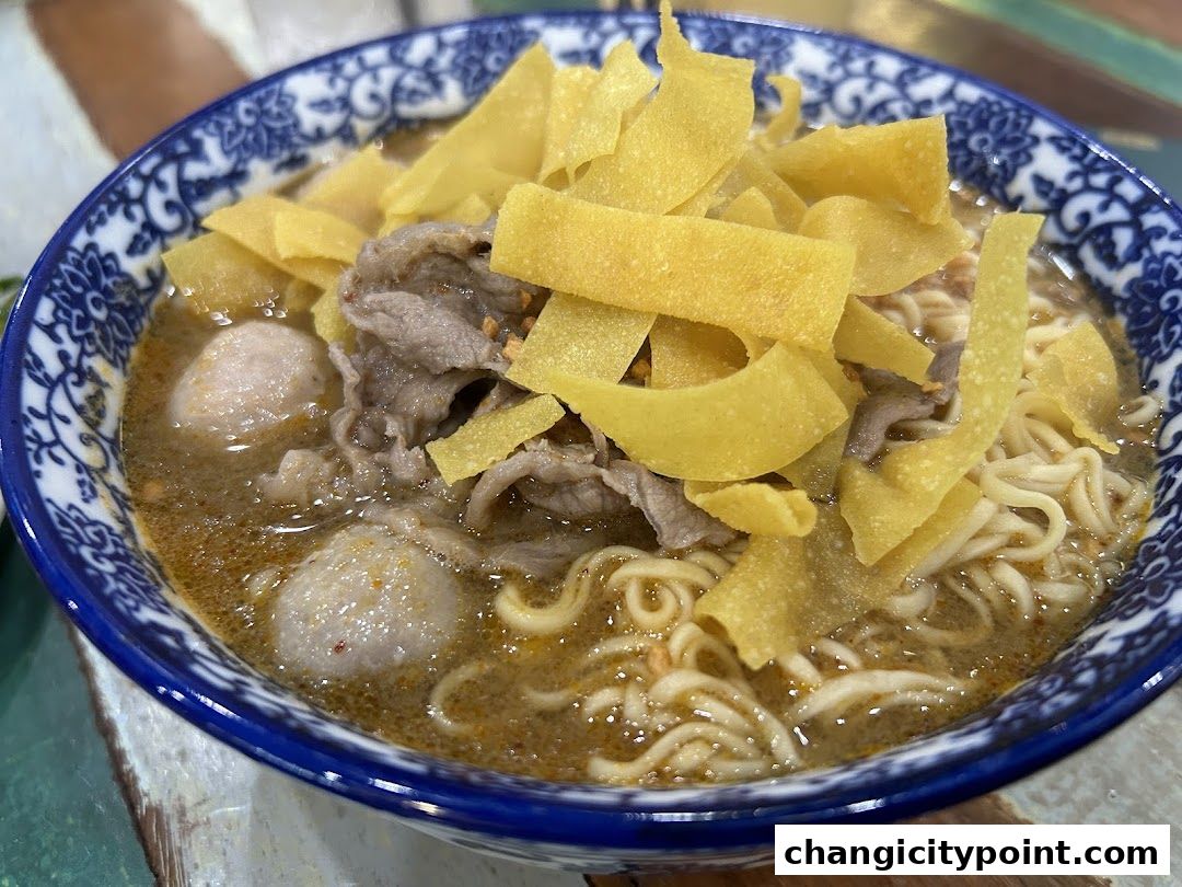 A close-up of a bowl of boat noodles with beef, meatballs, and crispy wonton strips.