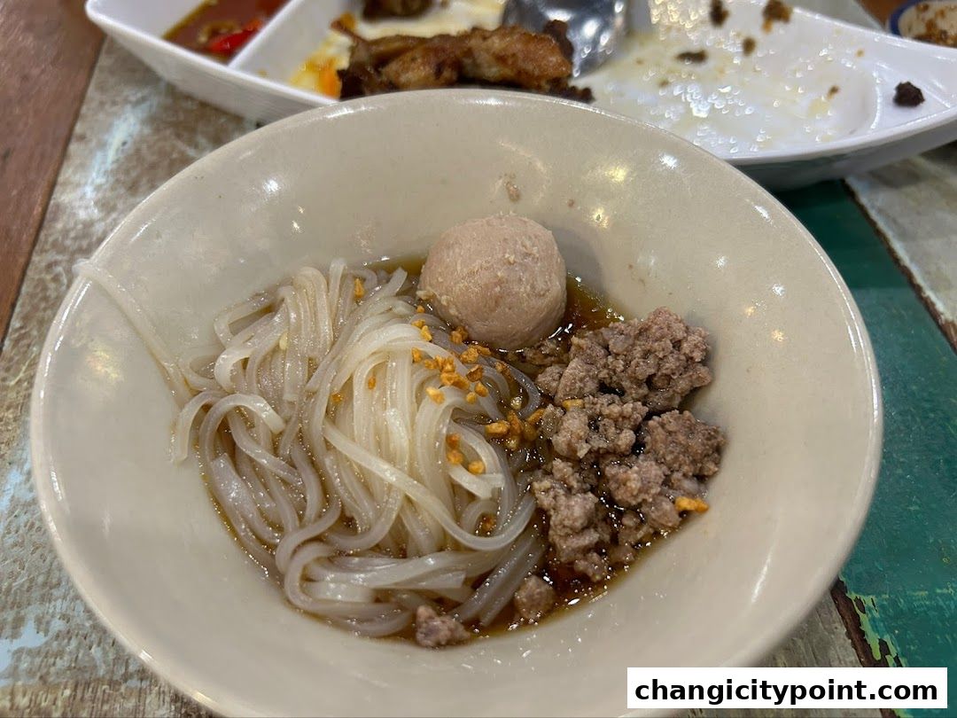 A close-up of a bowl of boat noodles with minced pork and a meatball.