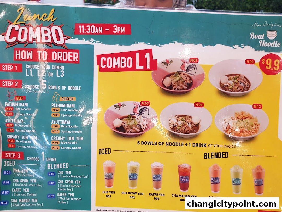 A menu for The Original Boat Noodle's lunch combo, featuring noodle options and drinks.