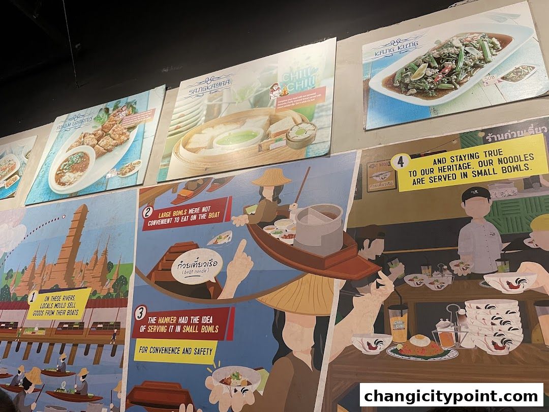 Wall art depicting the history and serving style of boat noodles.