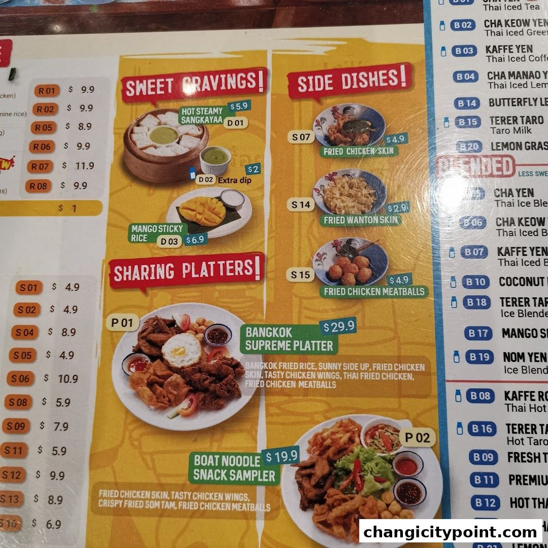 A menu from The Original Boat Noodle featuring sweet cravings, side dishes, and sharing platters.