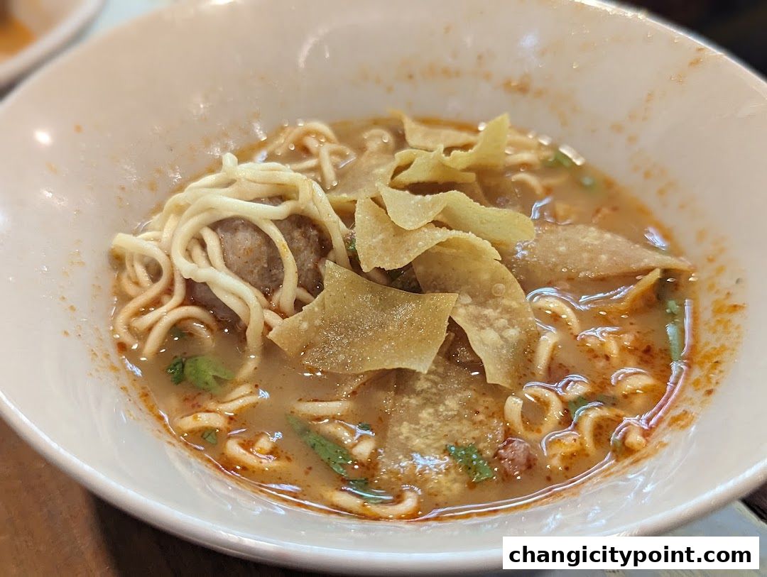 A close-up shot of a bowl of boat noodles with meatballs and crispy wonton skins.