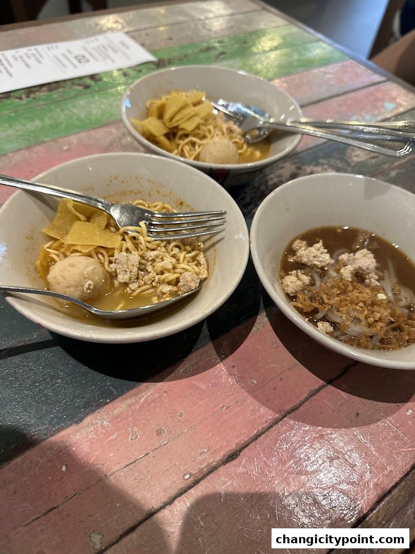 Three bowls of noodles with meat and wontons on a colorful wooden table.