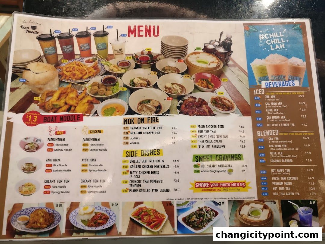 A menu for The Original Boat Noodle featuring various Thai dishes, beverages, and side orders.