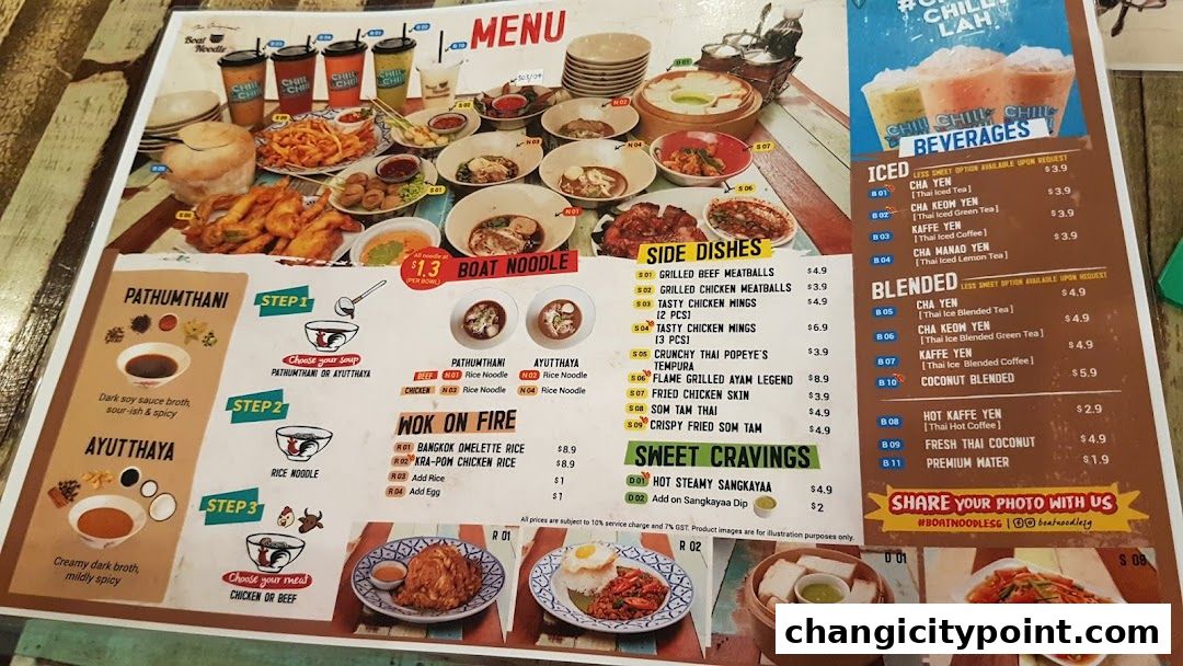 A menu for The Original Boat Noodle featuring various noodle dishes, side dishes, and beverages.